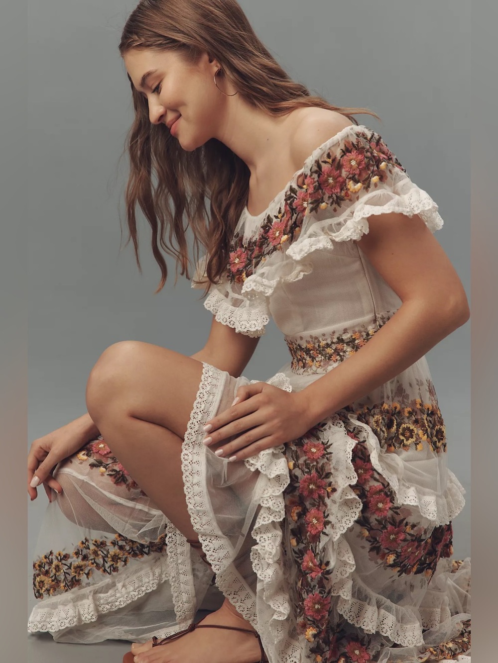 Anthropologie Ruffle-Sleeve V-Neck Embroidered Tulle Tiered Maxi Dress - Picture 1 of 7